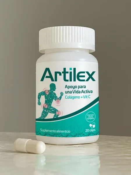 Frasco de Artilex con una cápsula blanca al lado, colágeno con vitamina C